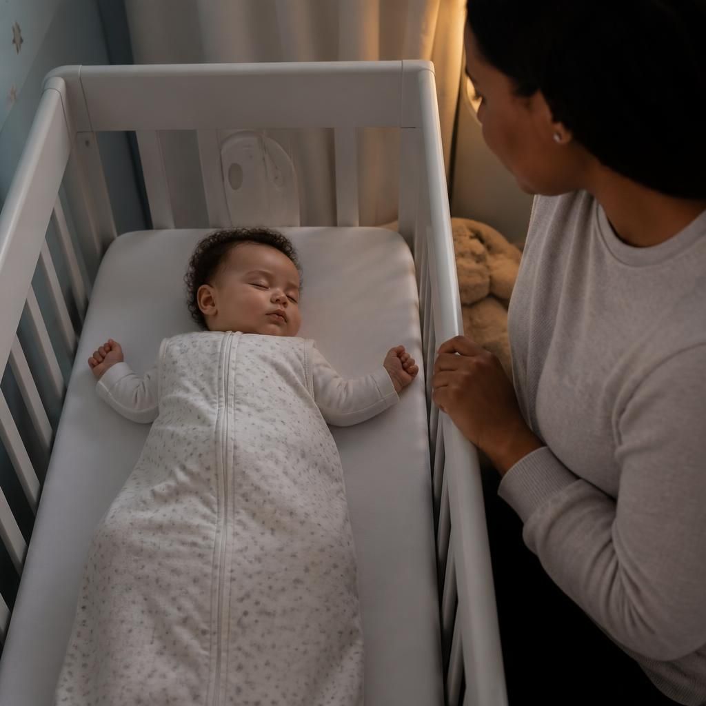 Infant sleeping on their back in a clear cot beside a carer