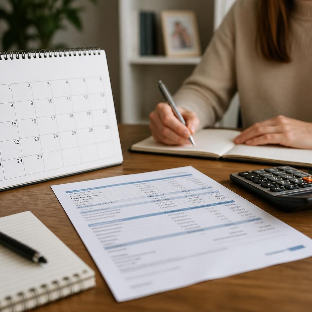 Calendar beside a payment statement and calculator
