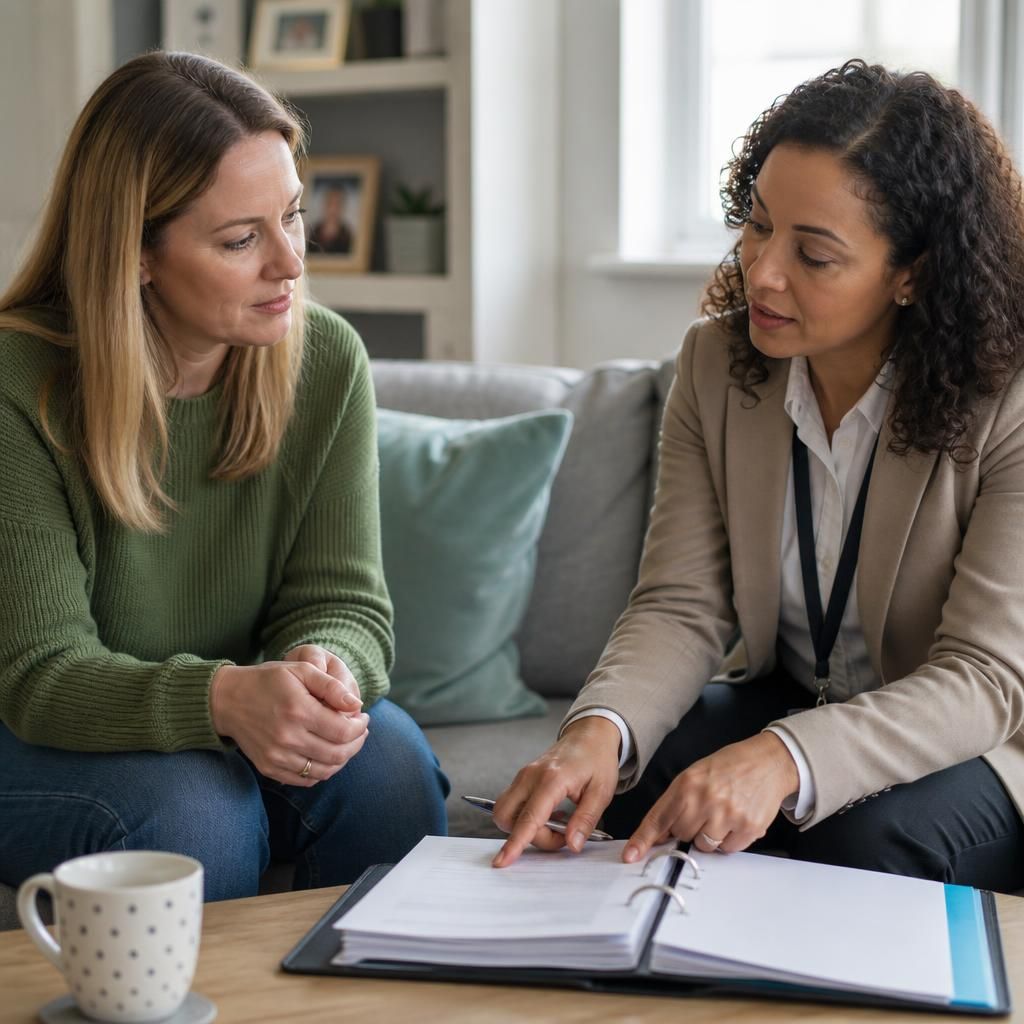 Foster carer discussing assessment paperwork with a social worker at home