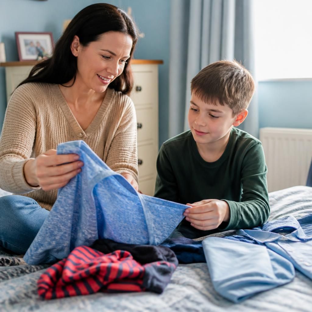 Foster carer and child choosing clothes together