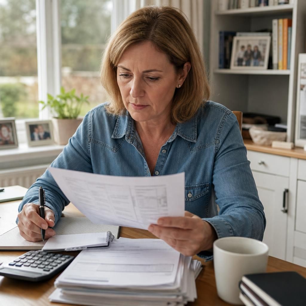 Foster carer reviewing payment records and tax documents at a desk