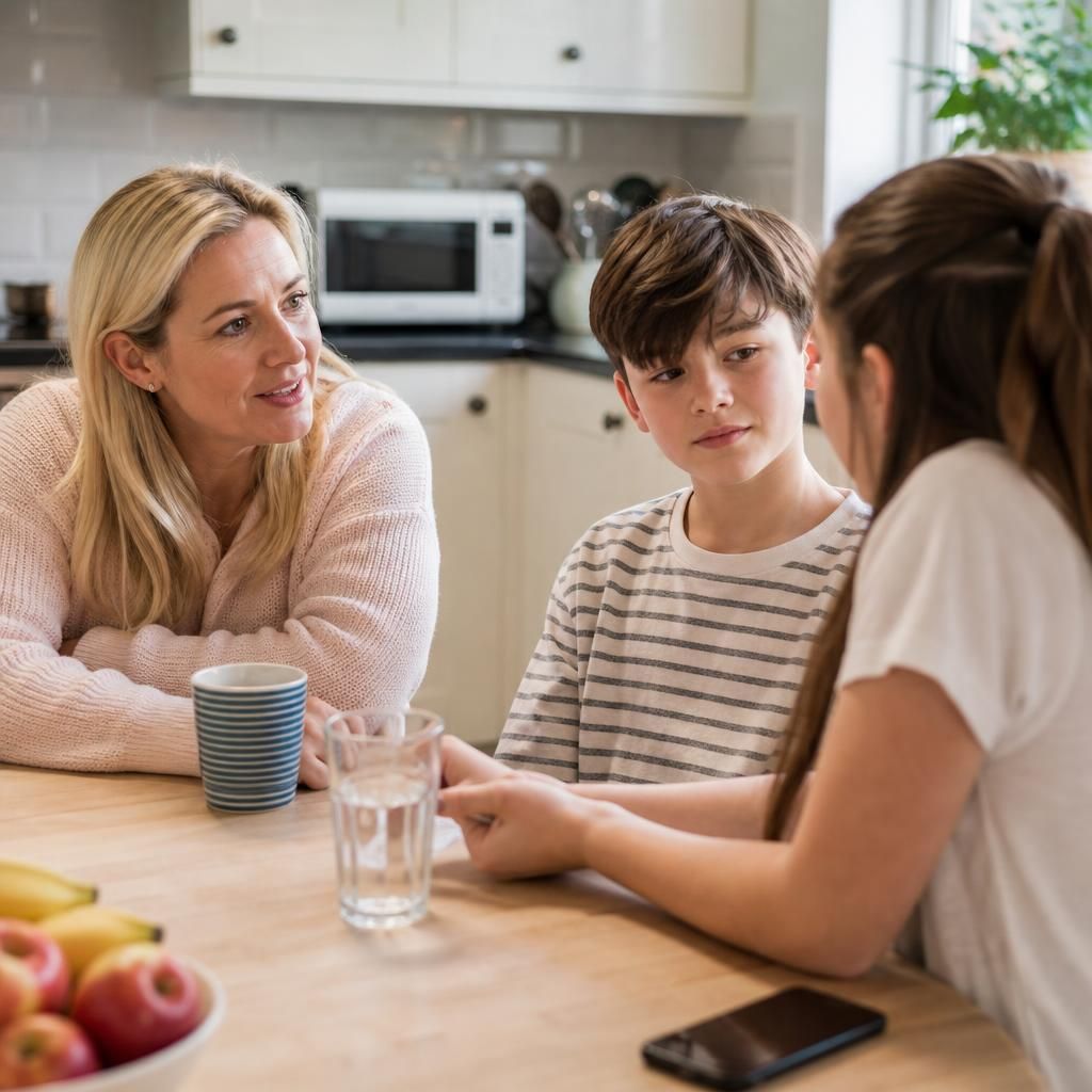 Foster carer speaking with children at a kitchen table