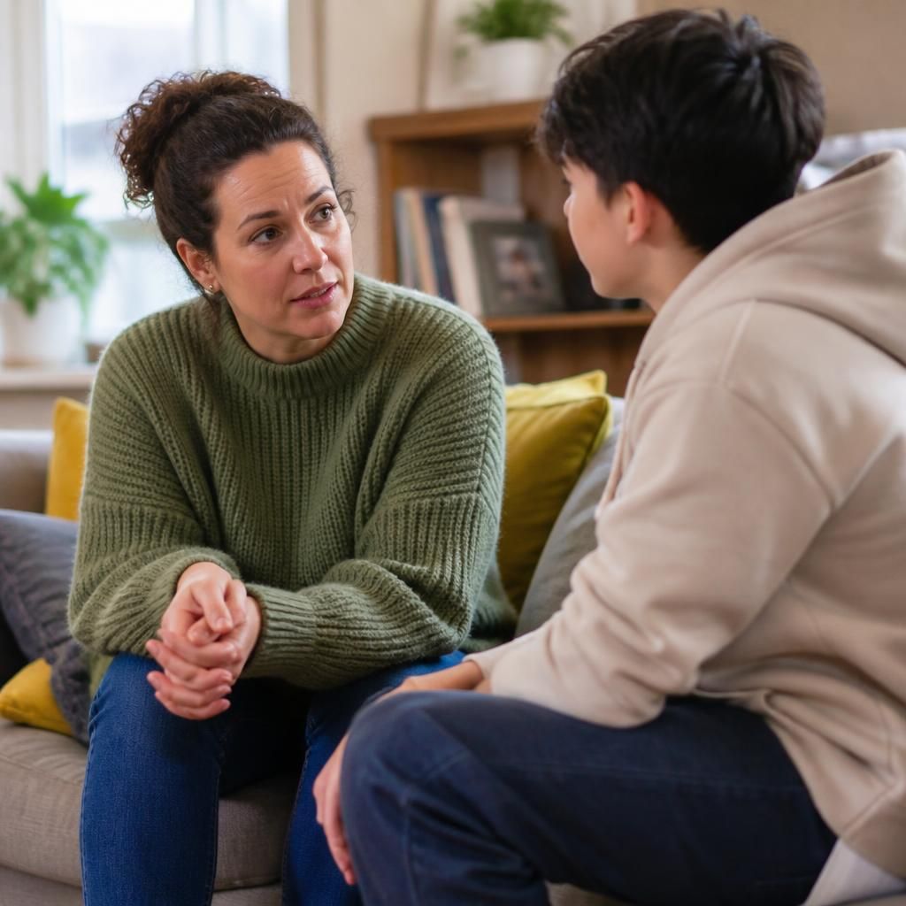 Foster carer and young person having a conversation at home