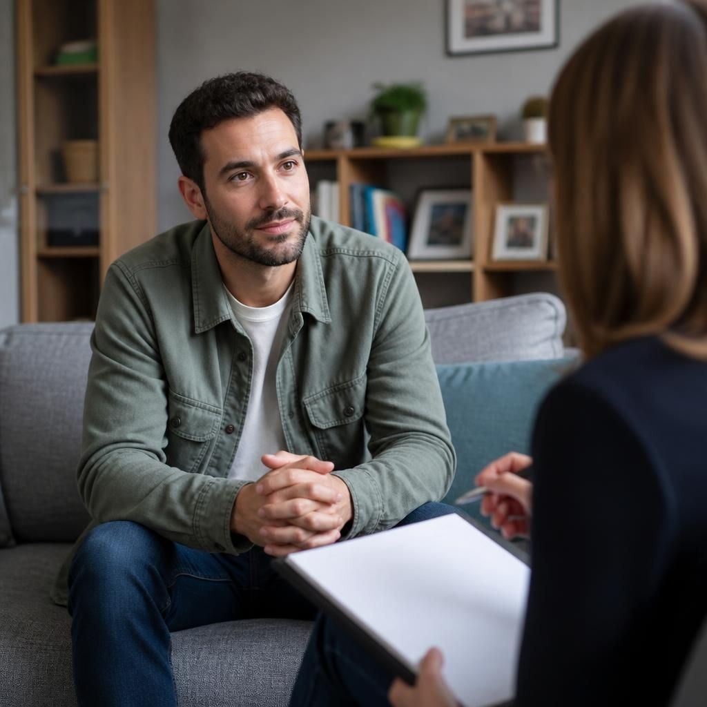Single adult speaking with a social worker during a fostering assessment at home