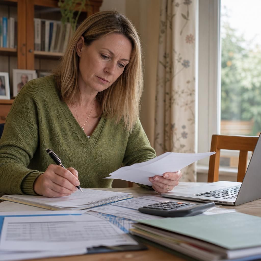 Foster carer reviewing payment statements and tax records at a table