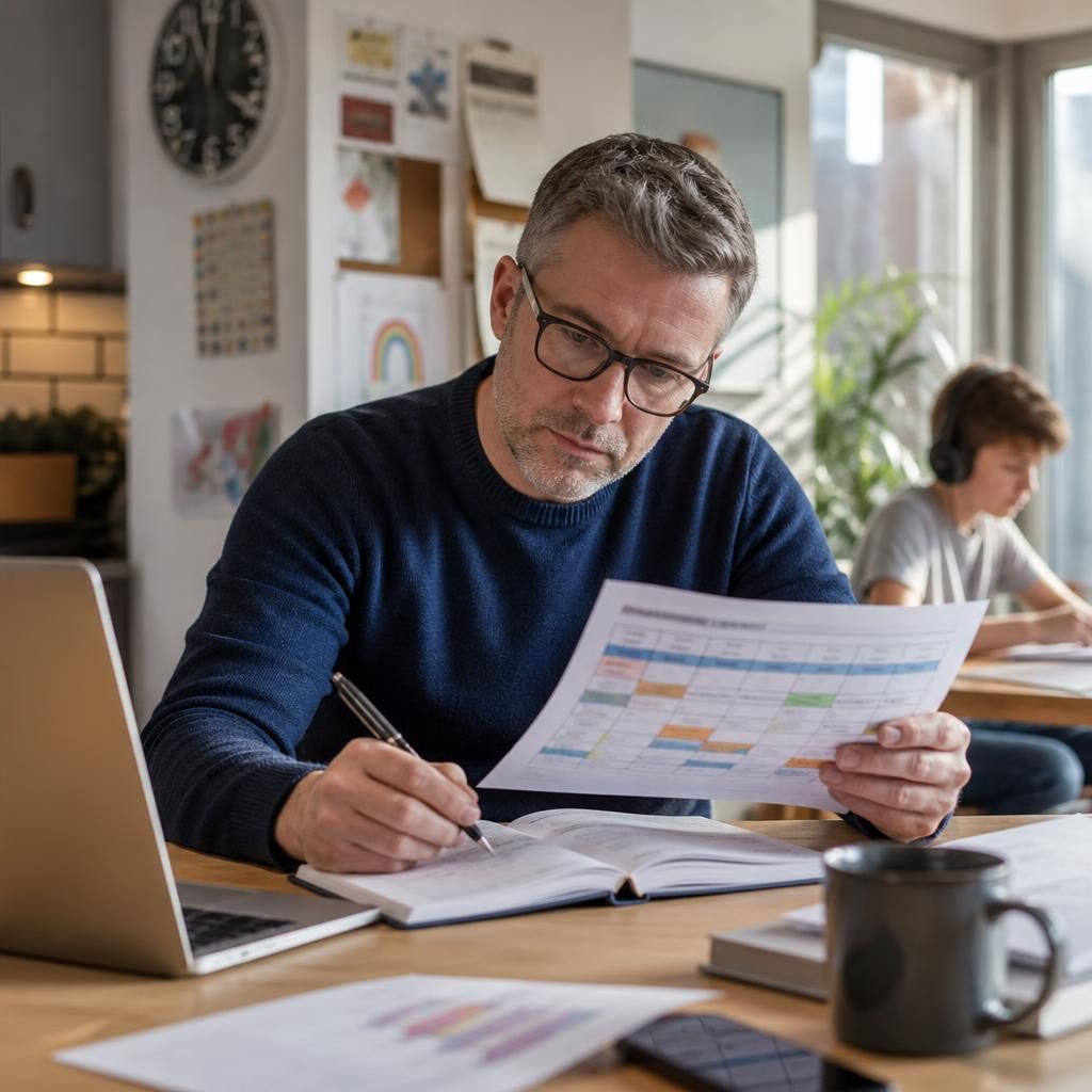 Foster carer reviewing a work schedule and childcare arrangements at home