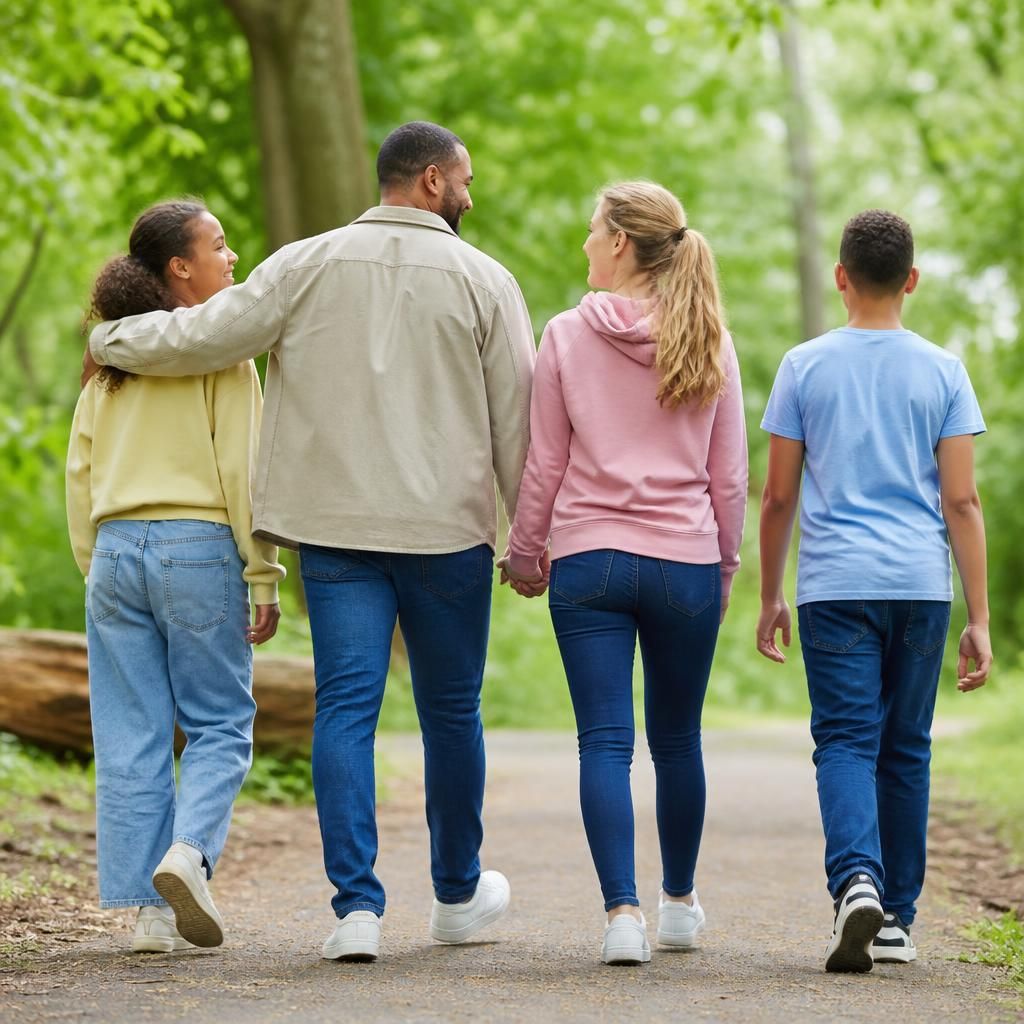 Foster family walking together outdoors