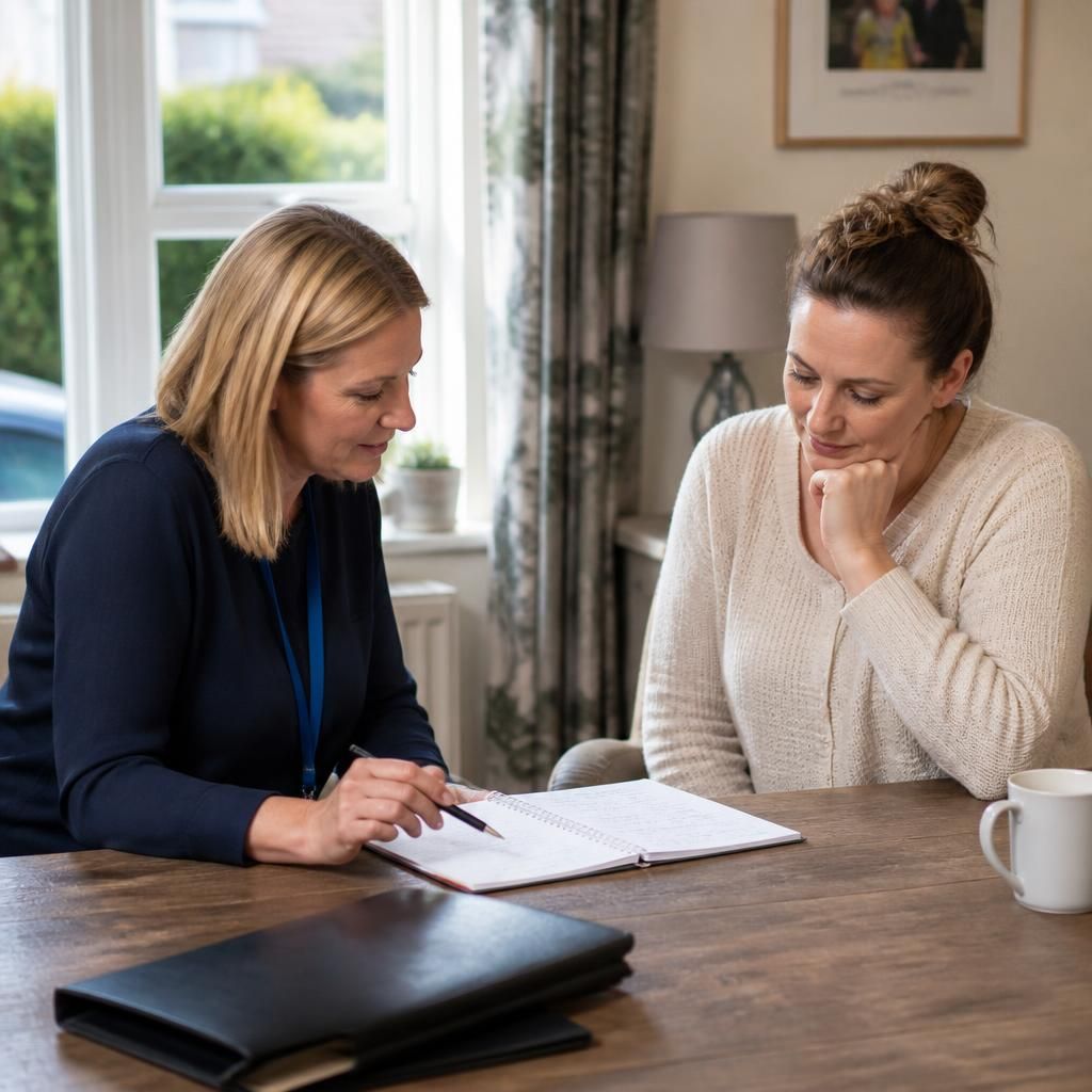 Foster carer and social worker discussing notes at a table
