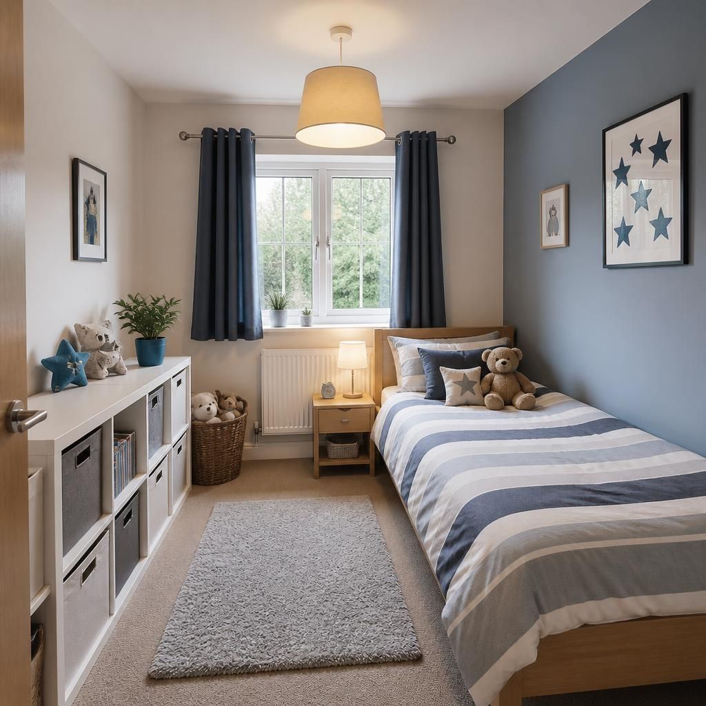A tidy child’s bedroom with a bed, storage and space for personal belongings