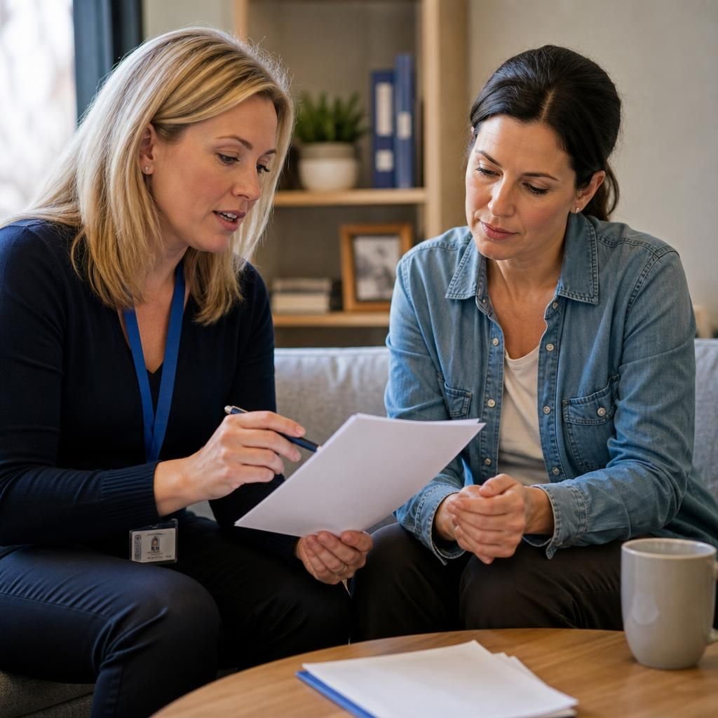 Foster carer reviewing a written complaints procedure with a social worker