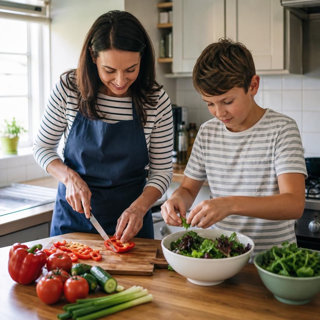 Foster carer and child preparing a healthy meal together