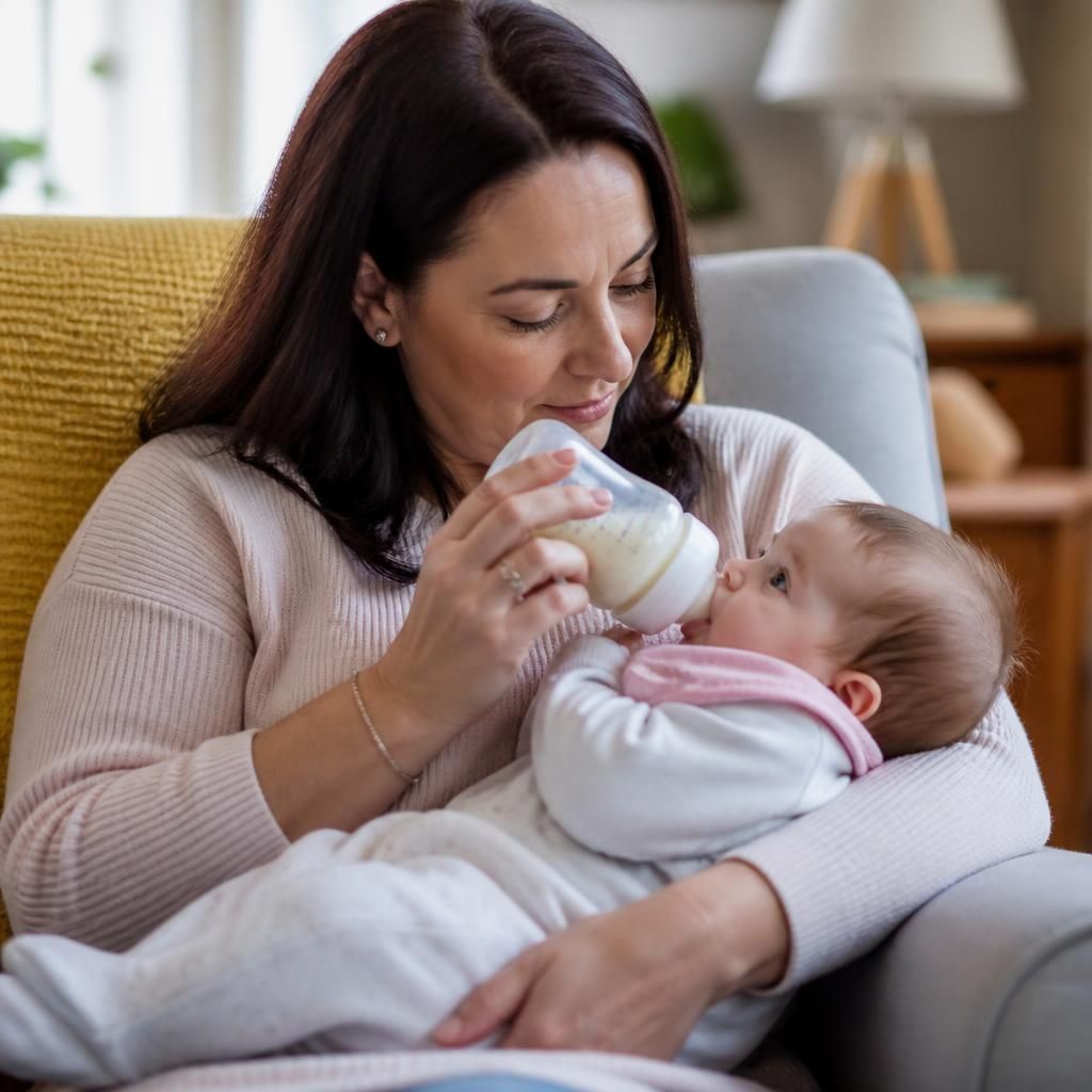 Foster carer bottle-feeding an infant in a comfortable home