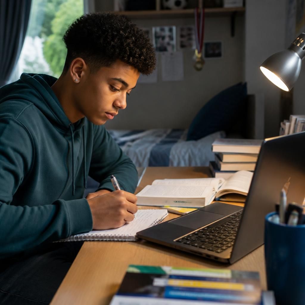 Young person studying at a desk with books and a laptop