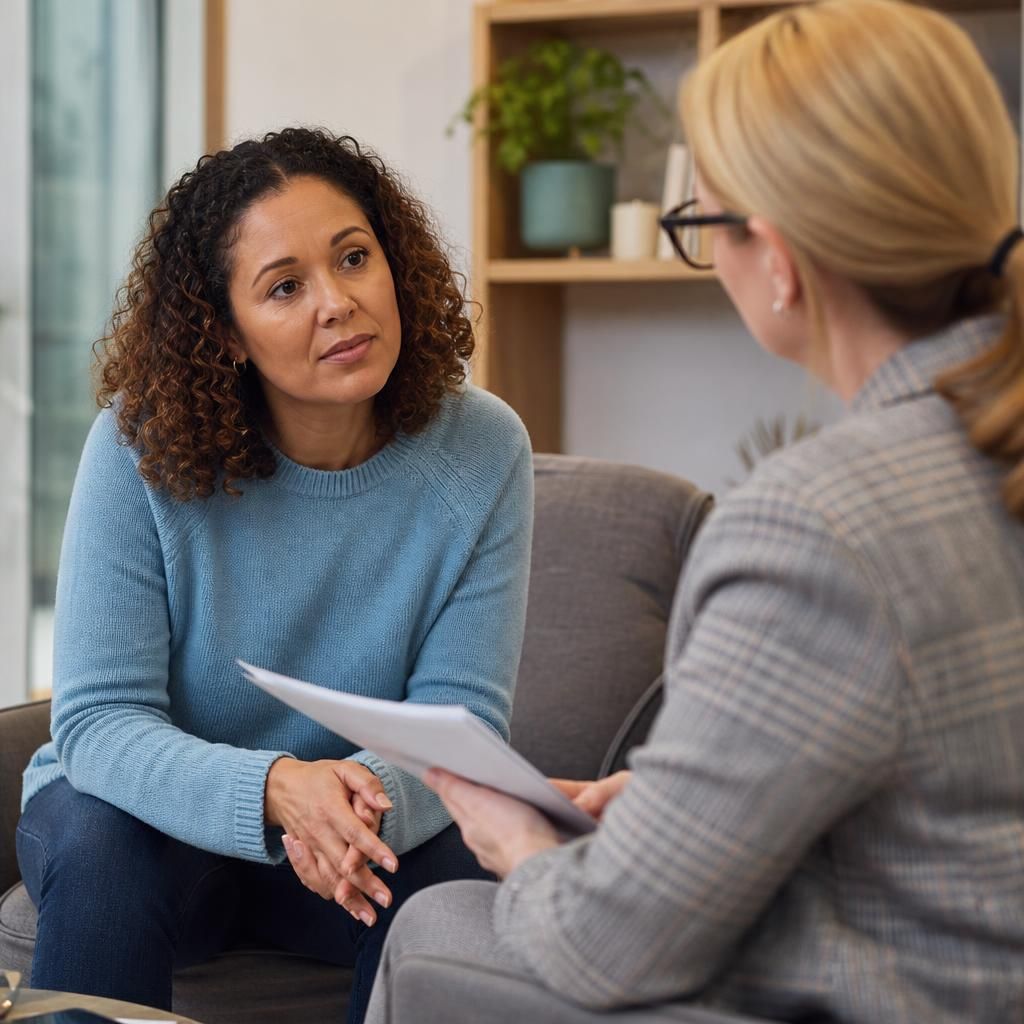 Foster carer discussing a trauma support provider’s qualifications with a professional