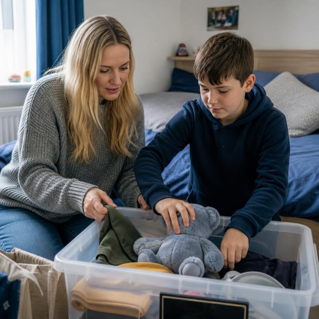 Foster carer helping a child pack personal belongings for a move