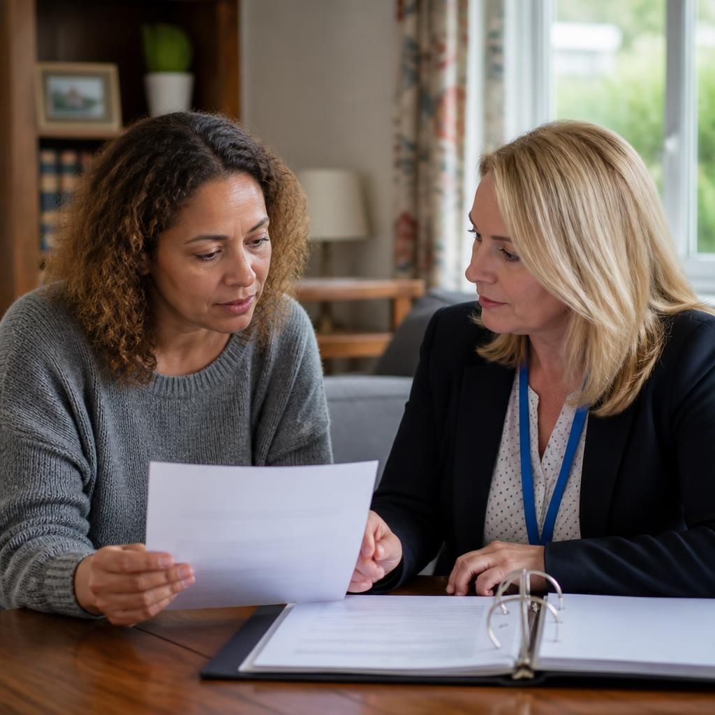 Relative carer reviewing placement documents with a social worker