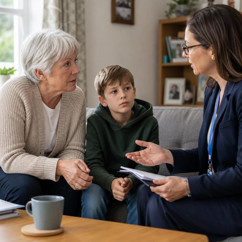 Grandparent speaking with a child and social worker about care arrangements