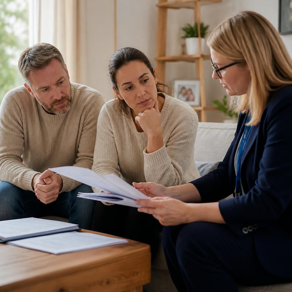 Foster care specialist reviewing assessment documents with prospective foster carers