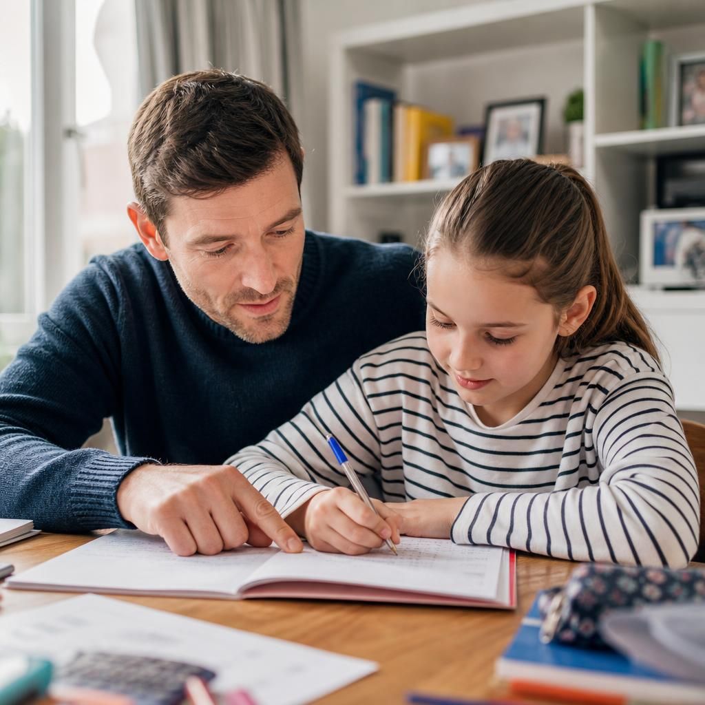 Parent helping a child with homework at home