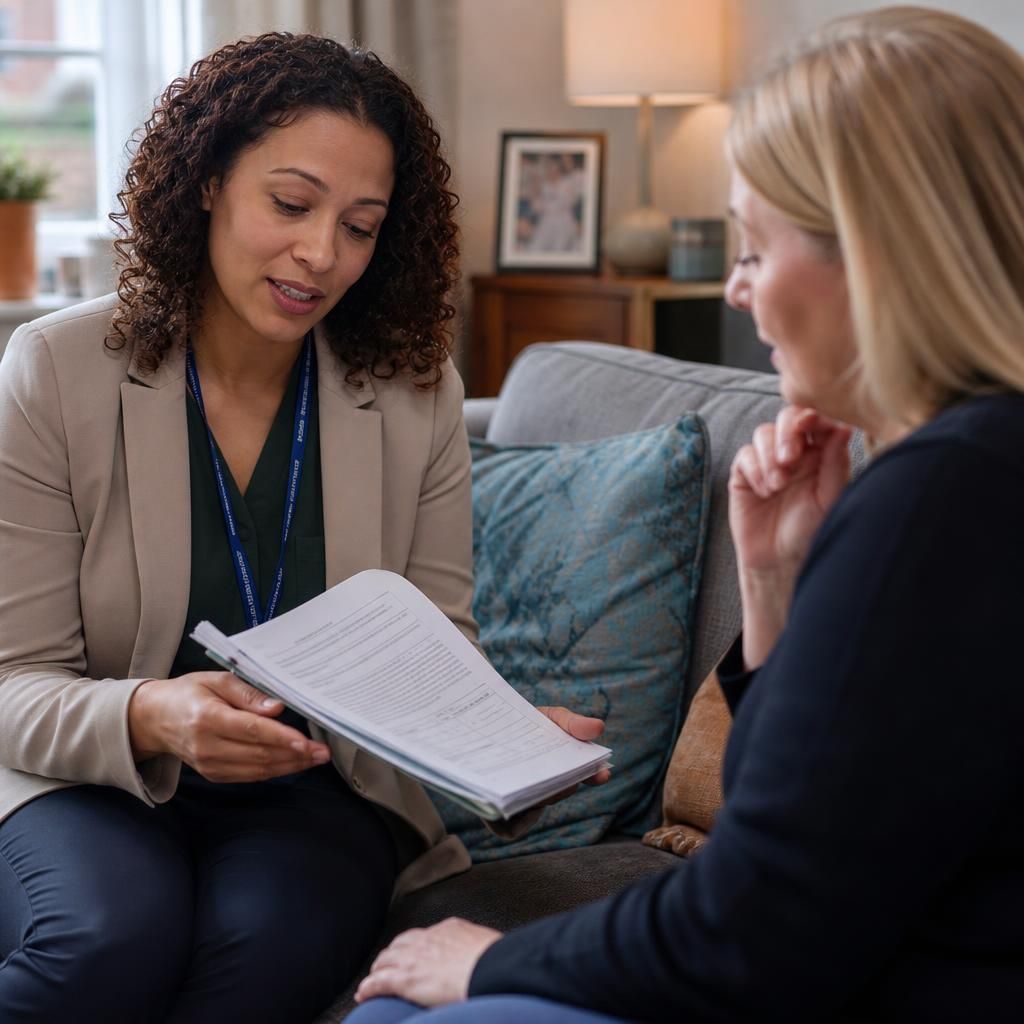 Social worker reviewing kinship fostering documents with a prospective carer