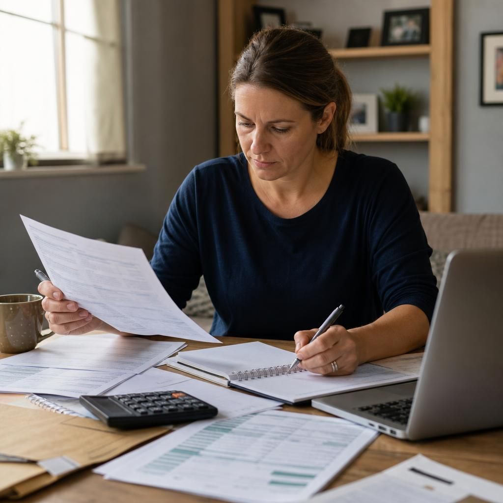 Foster carer reviewing payment records and tax documents at a desk