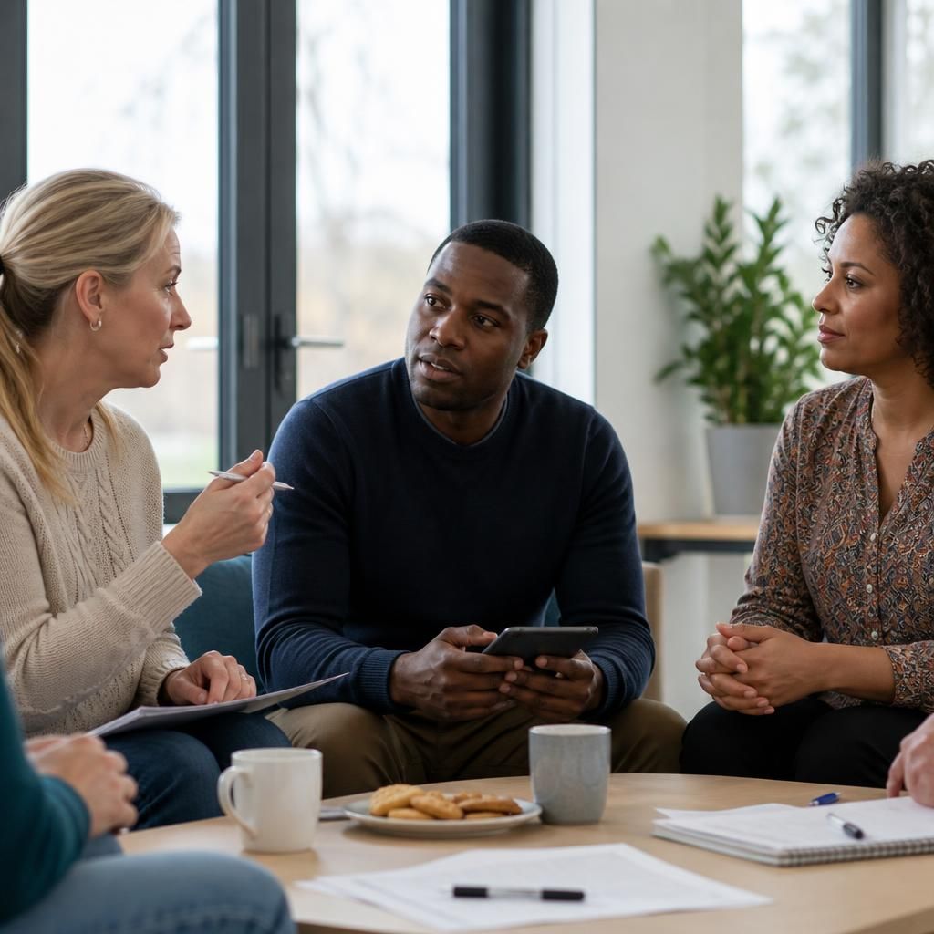 Foster carers discussing membership costs at a support group meeting
