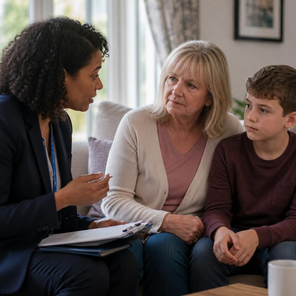 Social worker speaking with a kinship carer and child at home