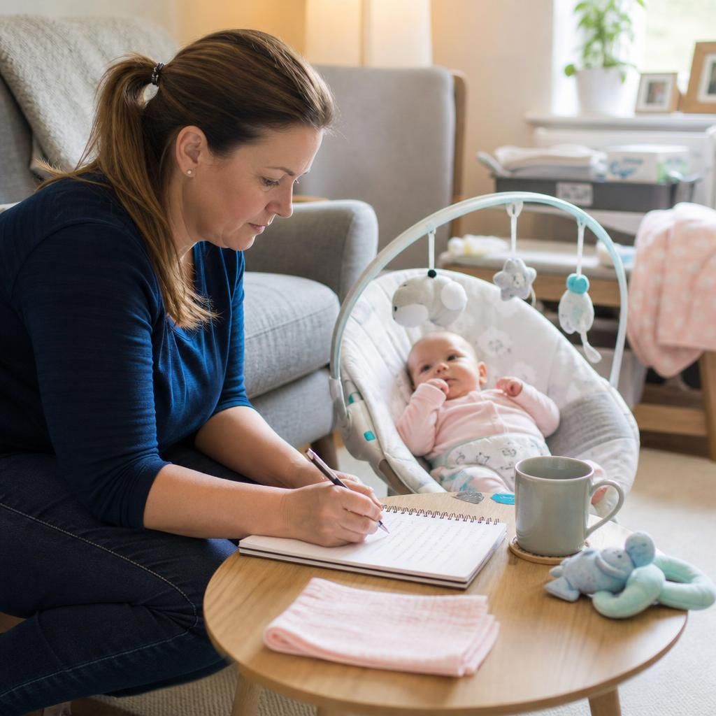 Foster carer recording observations about an infant's care and development