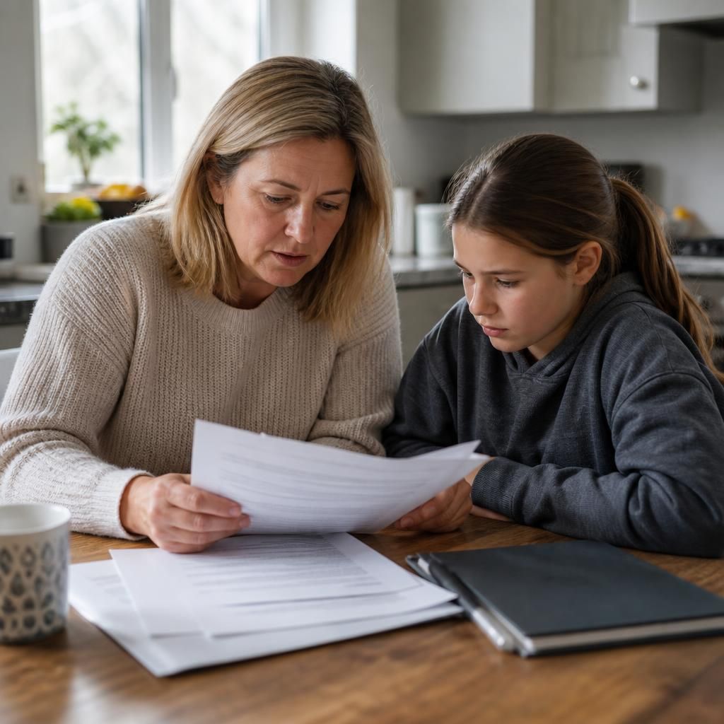 Relative carer and child reviewing legal documents at home