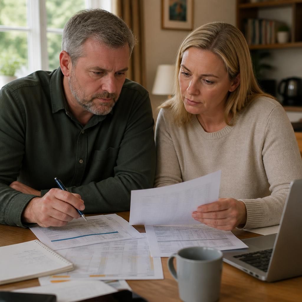 Foster carer reviewing payment records and tax documents at a desk