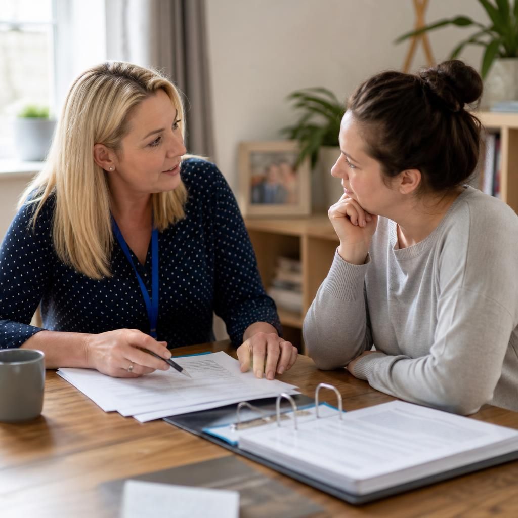 Carer and social worker discussing a child's placement plan at a table