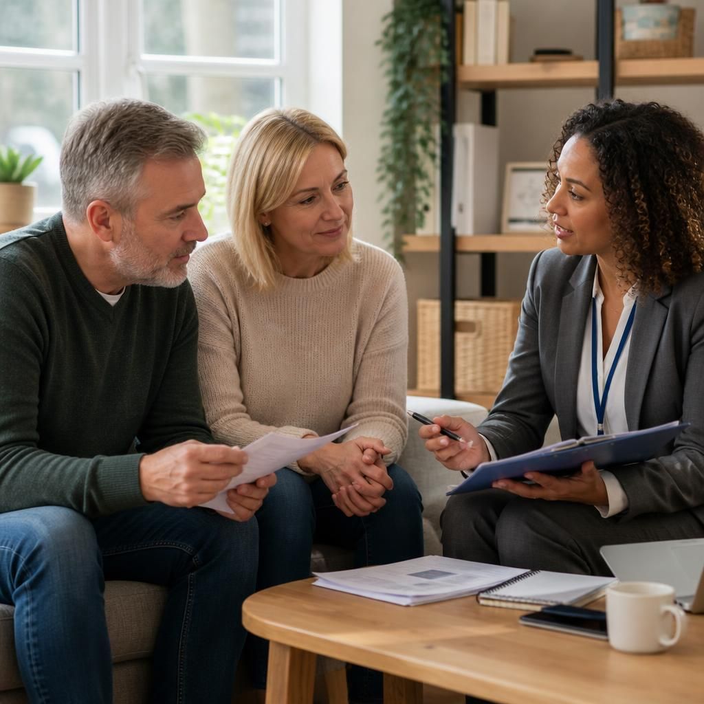 Foster carers discussing training materials with a social worker