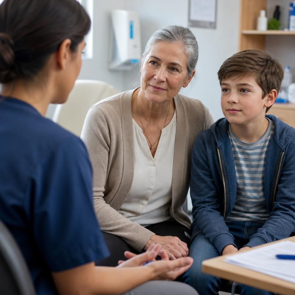 Kinship carer and child speaking with a healthcare professional in a consultation room
