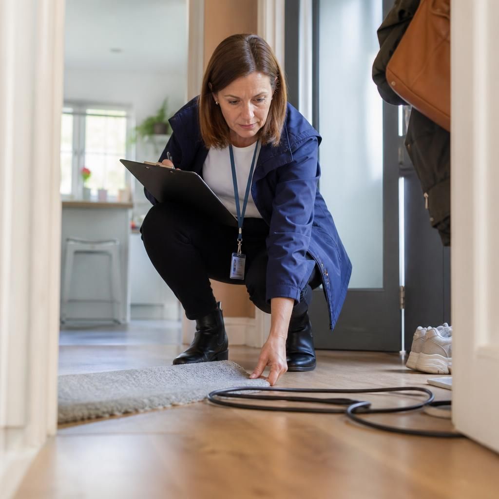 Assessor examining floor surfaces, rugs and cables in a foster home