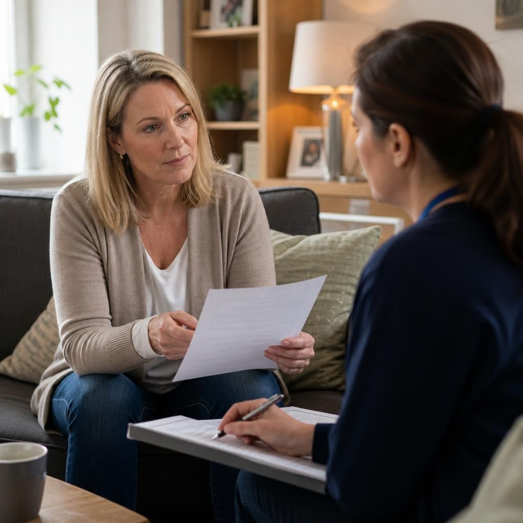Foster carer discussing approval documents with a social worker