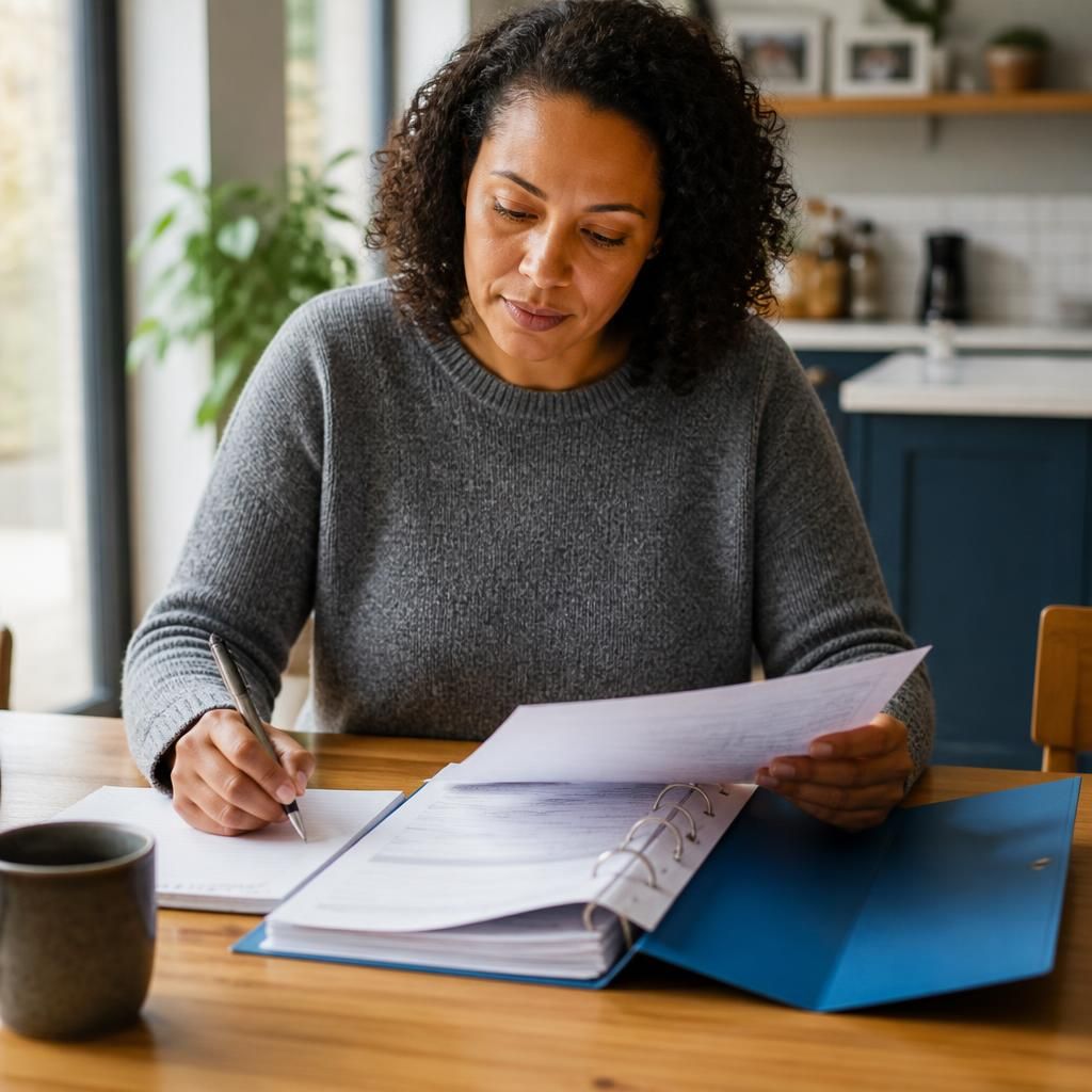 Person reviewing fostering paperwork and making notes beside a folder