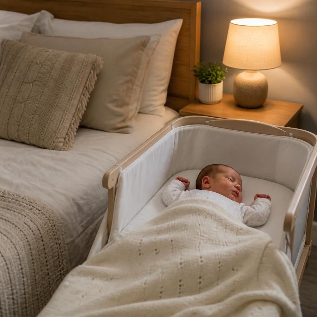 Newborn baby sleeping in a cot beside an adult bed