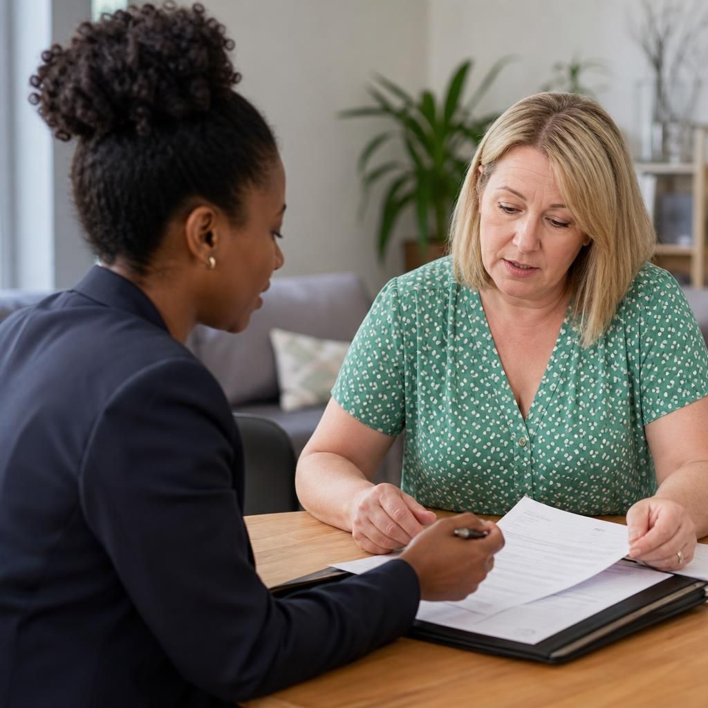Foster carer discussing paperwork with a social worker at a table