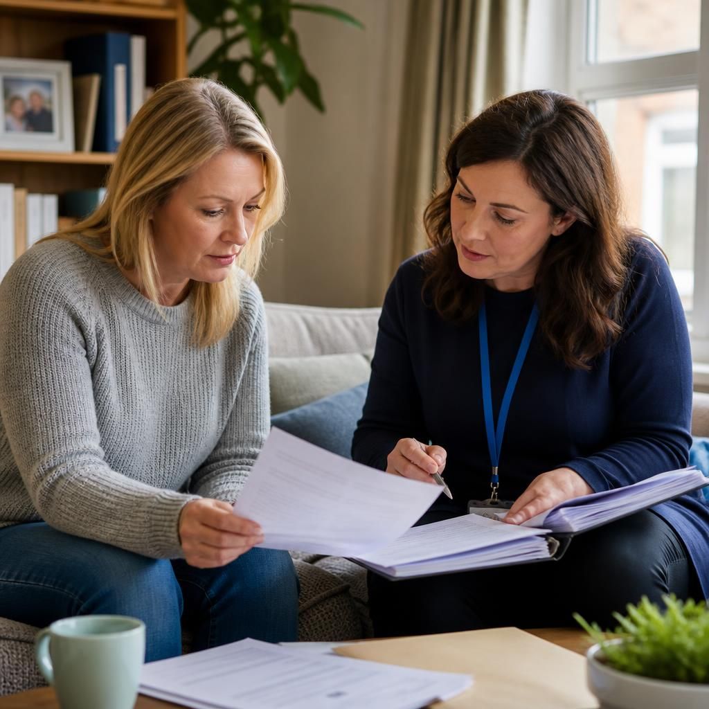 Foster carer reviewing safeguarding and placement documents with a social worker