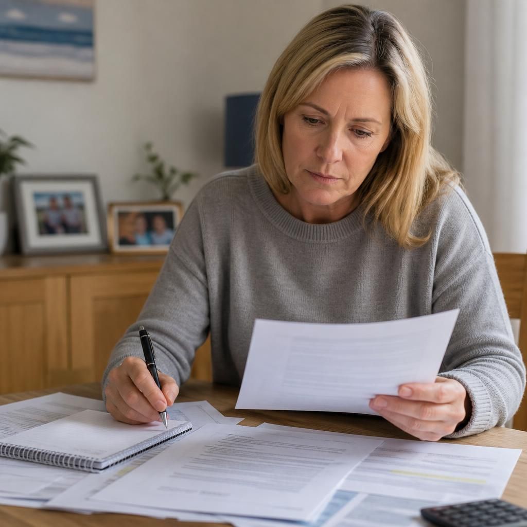 Foster carer reviewing allowance paperwork for a sibling placement