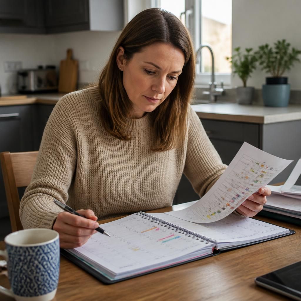 Foster carer reviewing a work diary and placement schedule at a kitchen table