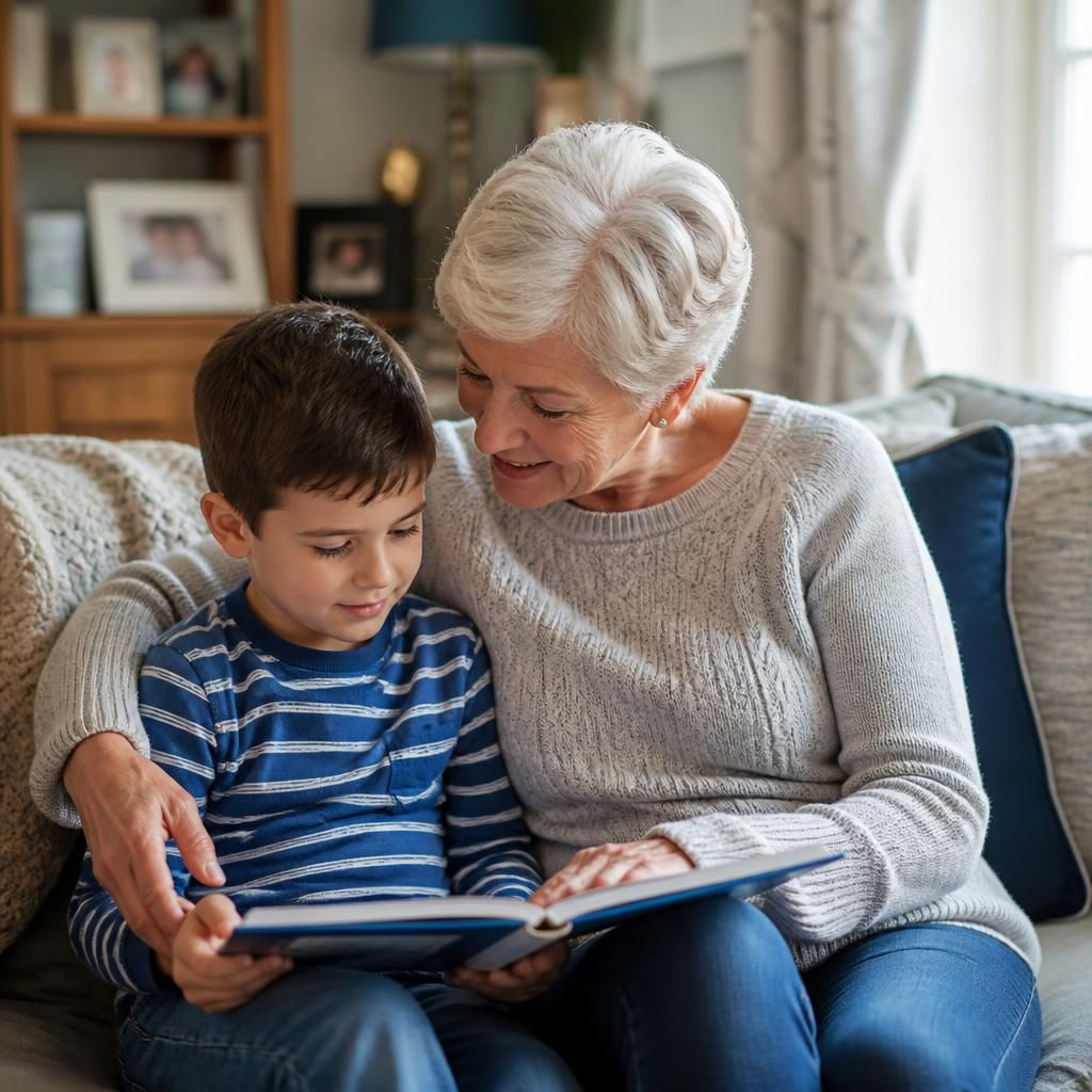 Grandparent and child sitting together at home