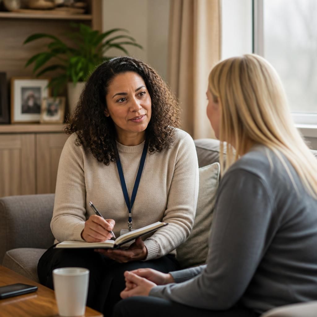 Foster carer speaking with a support worker during a supervision meeting