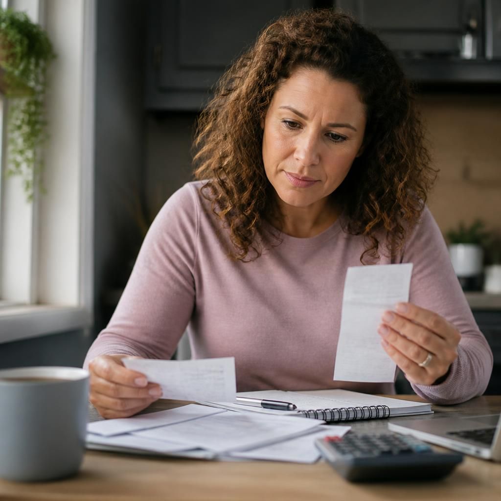 Foster carer reviewing receipts and paperwork for placement-related expenses