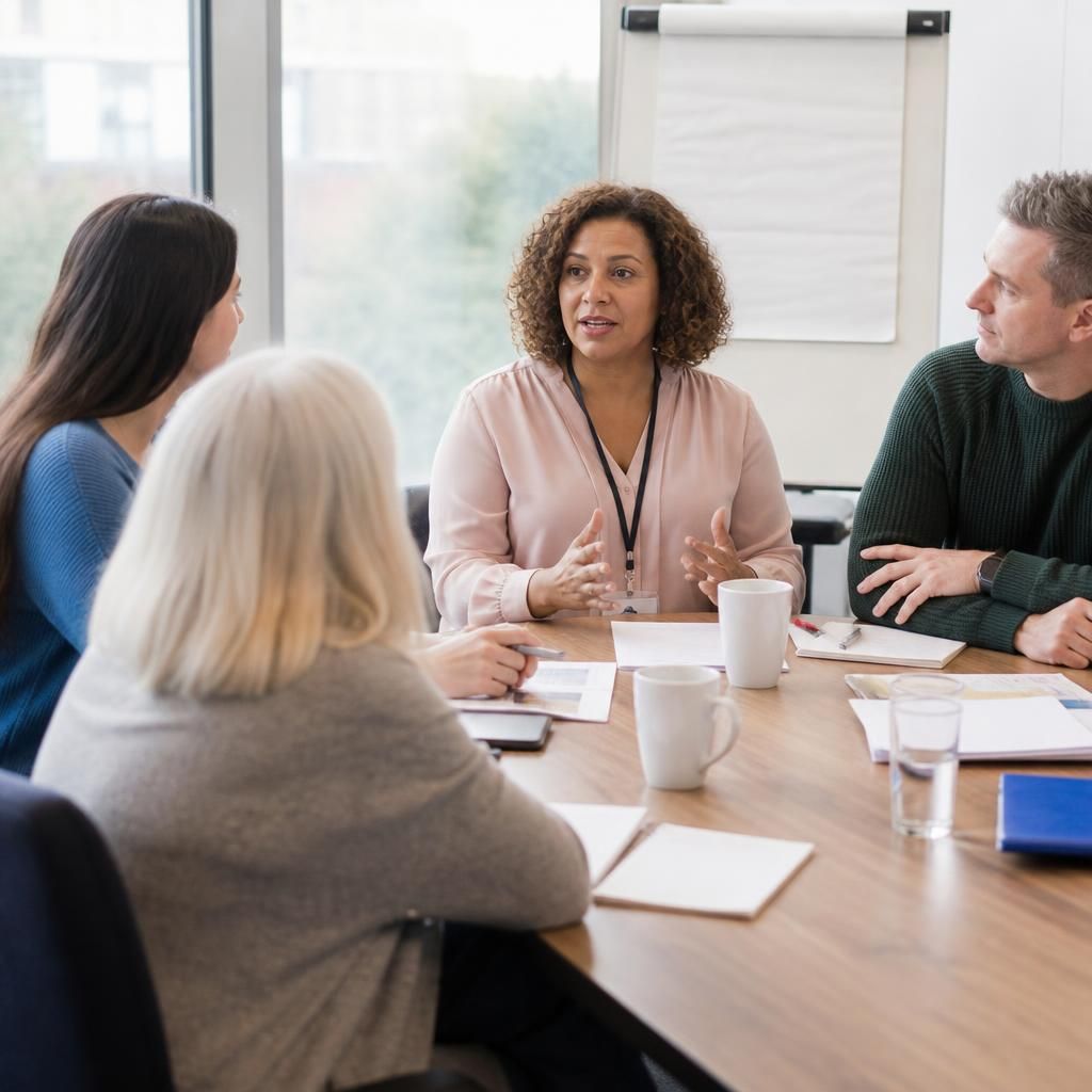 Foster carers taking part in a group training discussion with a social worker