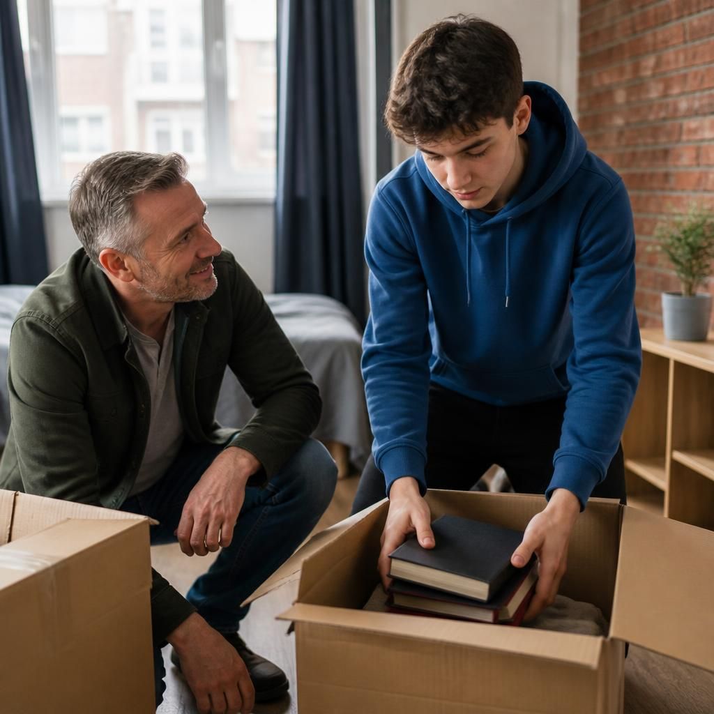 Young person arranging belongings with a support worker in a new home