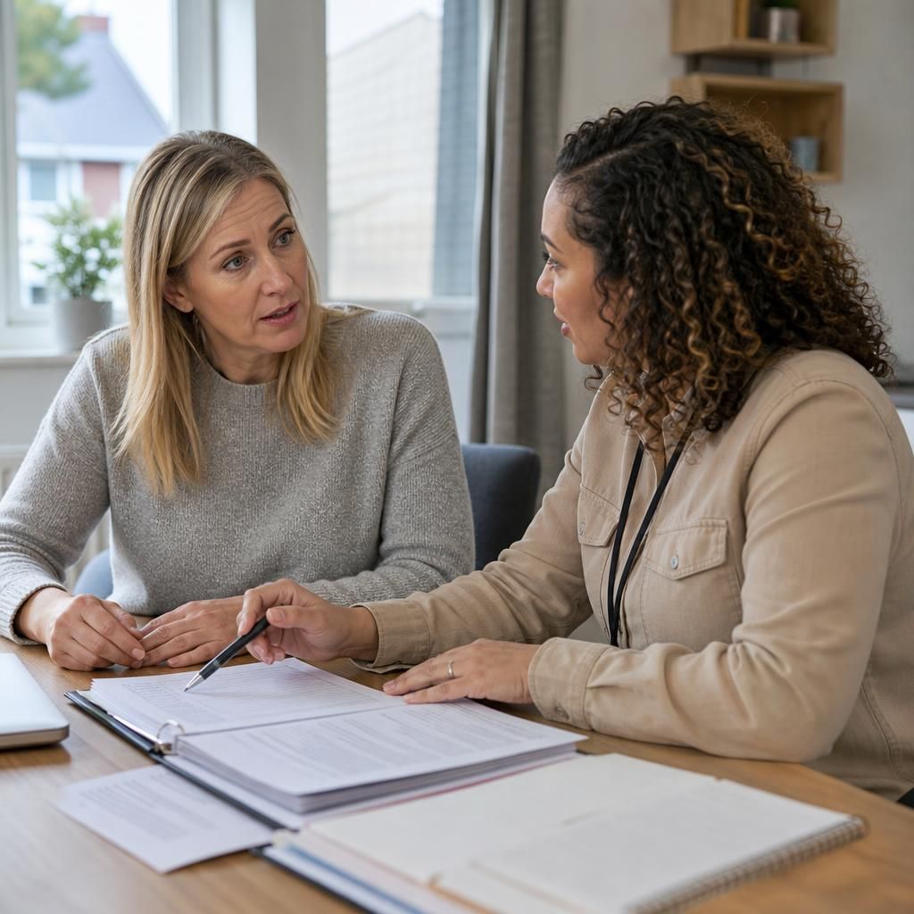 Foster carer speaking with a supervising social worker at a table with placement documents