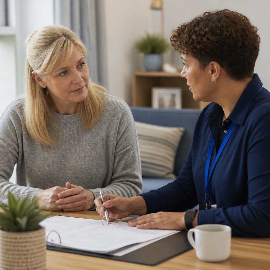 Foster carer discussing a child's care plan with a social worker