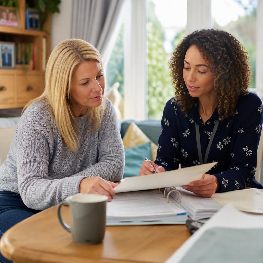 Foster carer reviewing assessment documents with a social worker at a table