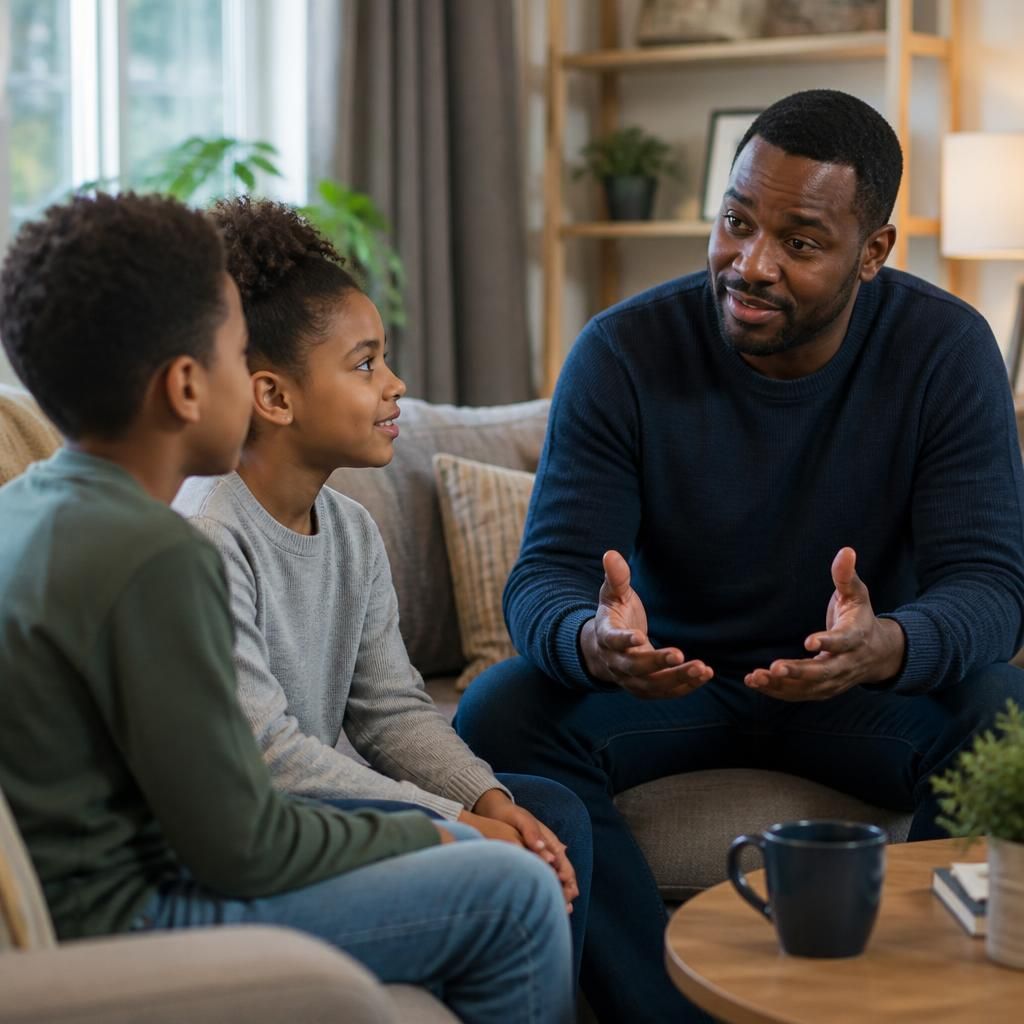 Foster carer speaking with children in a comfortable family living room
